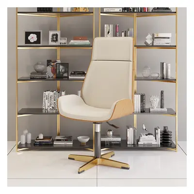 Leather Office Desk Chair High Back Adjustable Swivel Executive Chair in Beige & Gold Modern Hom