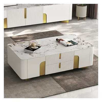 Artus Modern Beige Rectangle Large Coffee Table Drawers Sintered Stone Gold Base