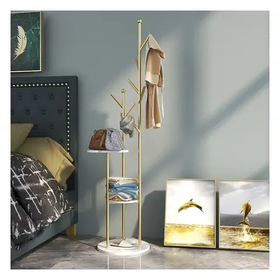 Gold Standing Coat Stand with 9 Hooks and 2 Shelves Modern Hallway Clothing Stand