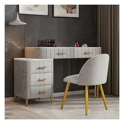 Modern Velvet Upholstered Makeup Vanity Expandable Dressing Table with Cabinet & Chair