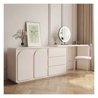 Modern White Makeup Vanity Retractable Dressing Table with Doors & Drawers Beauty Station for Be