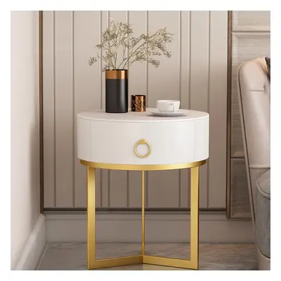 Round White Bedside Table with 1 Drawer Modern Bedside Table with Gold Frame