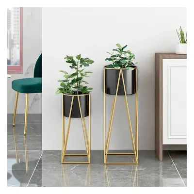 Black Plant Pots Modern Planter with Gold Stand for Indoor (Set of 2)