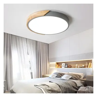 LED Drum Shaped Wood & Metal & Acrylic Medium Flush Mount Ceiling Light in Grey Dimmable