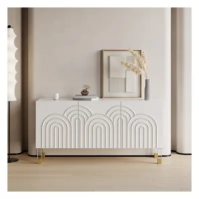 Modern White Credenza Cabinet 3-Door Wavy Pattern Sideboard Acrylic Legs