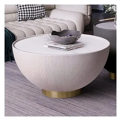 Round Sintered Stone Top Drum Coffee Table with Beige PU Leather Around and Stainless Steel Base