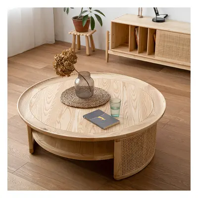 2-Tiered Japandi Round Wood Coffee Table with Rattan Base