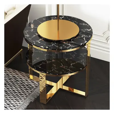 Round Black Marble Gold End Table with Storage Nightstand 2 Tier