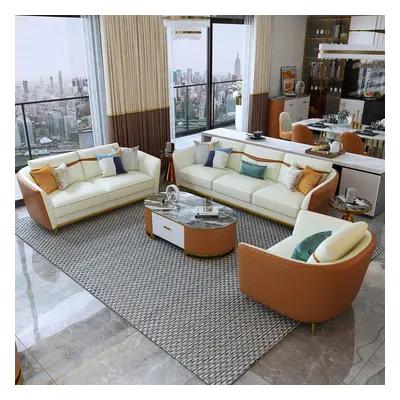 Colorg Orange Faux Leather Living Room Sofa with Single Sofa & Loveseat Set of 3