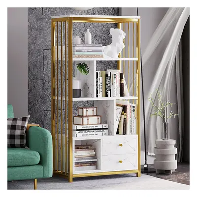 Modern White Bookshelf Wood Book Shelf with 2 Drawers & Ample Open Storage in Gold Metal Frame