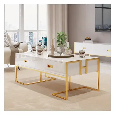 Jocise Modern White Rectangular Coffee Table with Drawers Lacquer Gold Base