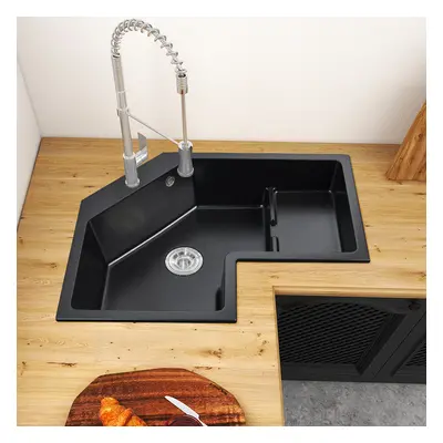 800mm Modern Black Drop In Corner Kitchen Sink Single Bowl Quartz Irregular Right Sink