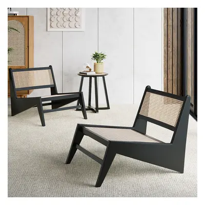 Japandi Black Rattan and Wood Lounge Chair Accent Chair for Living Room