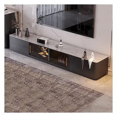 Modern Dark Grey TV Stand Stone Top 4-Drawer Glass Doors Media Console in Large