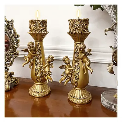 Set of 2 Gold Candle Holder Angels Statue Decoration Resin Pillar Candelabra