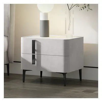 Modern White Bedside Table with 2 Drawers & Stone Top Bedroom Freestanding Nightstand