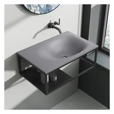 610mm Industrial Concrete Floating Bathroom Basin Wall-Mount with Towel Bar & Shelf Grey