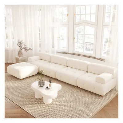 Modern L-Shaped Modular White Boucle Corner Sectional Sofa Loveseat with Wood Legs