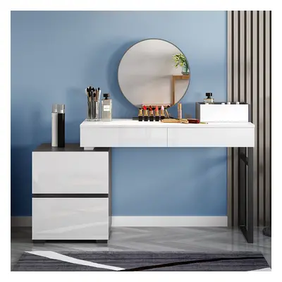 Glossy Black & White Extendable Makeup Vanity Dressing Table with Mirror & Side Cabinet