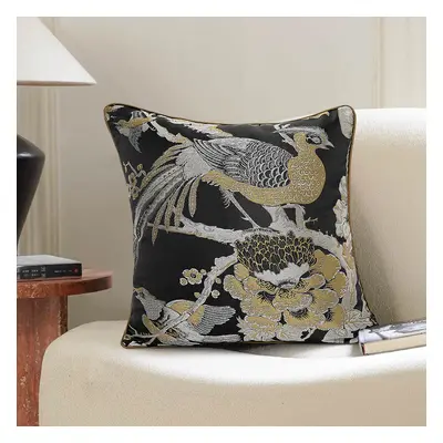 Black and Gold Bird and Flower Embroidery Decorative Throw Pillow Cover