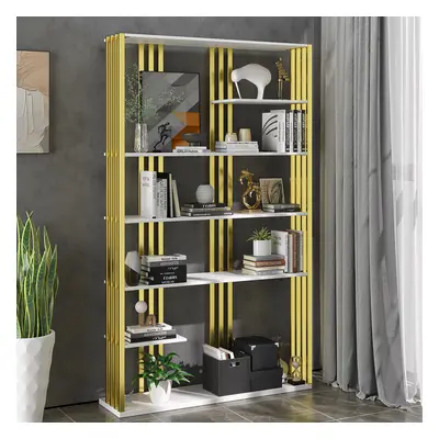 2000mm Modern Steel Etagere Bookshelf Display Shelving 6-Shelf Tall Book Shelf White & Gold