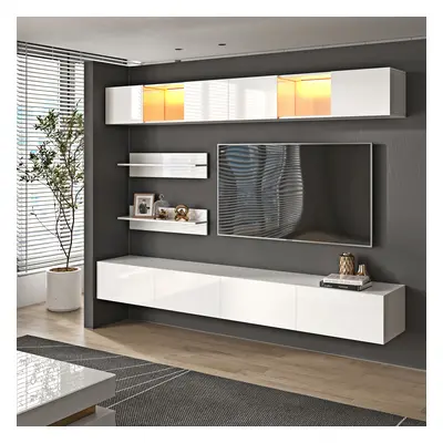 LED Floating Entertainment Center Wood TV Stand Wall Mount Unit Set in White