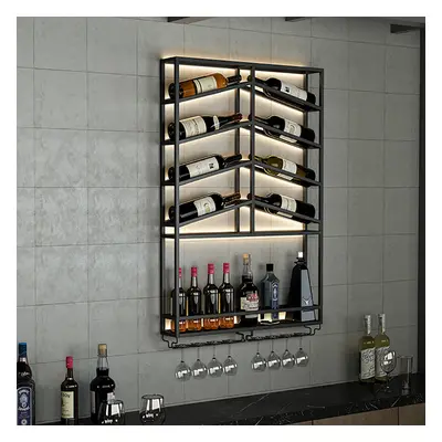 Industrial Wood & Metal Wall Mounted Black Wine Rack with Glass & Bottle Rack