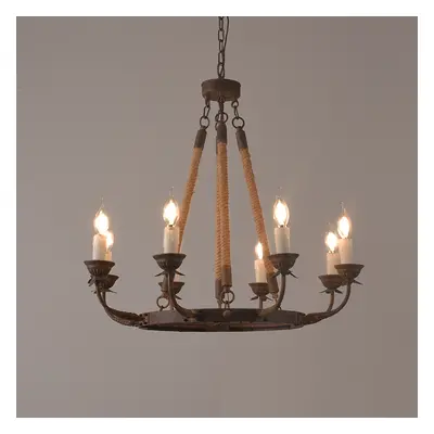 Candlely Rustic Iron Flaxen Hemp Rope & Metal 8-Light Round Candelabra Chandelier Rust