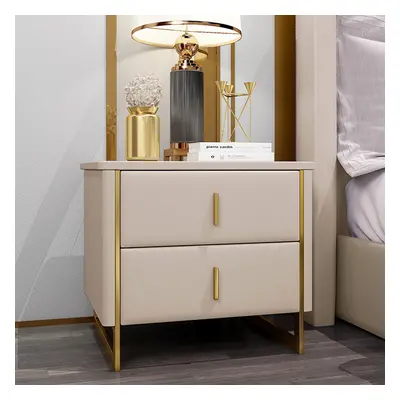 Modern Beige Nightstand 2-Drawer Faux Leather Bedside Table in Gold