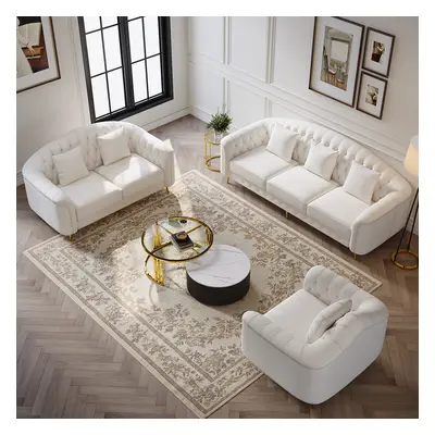 3 Pieces Beige Leather Sofa and Loveseat Living Room Set with Pillows