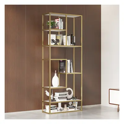 2000mm Modern Black & Gold Etagere Bookshelf Display 8-Shelf Tall Book Shelf with MDF and Stainl