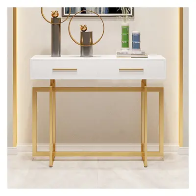 1000mm Narrow Console Table with Storage Drawers White Hallway Table with Metal Legs