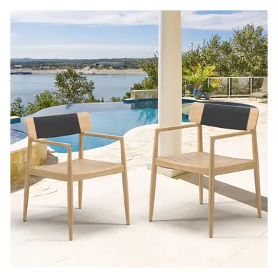 Modern Wood Outdoor Patio Dining Chair Armchair in Natural (Set of 2）