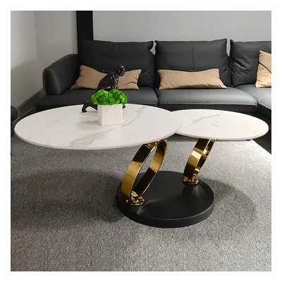 Modern White Extendable Coffee Table with Ring-shaped Metal Pedestal