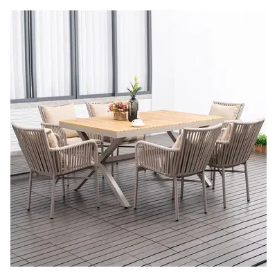 7-Pieces Outdoor Dining Set with Wood-Top Trestle Table and 6 Woven Rattan Armchair