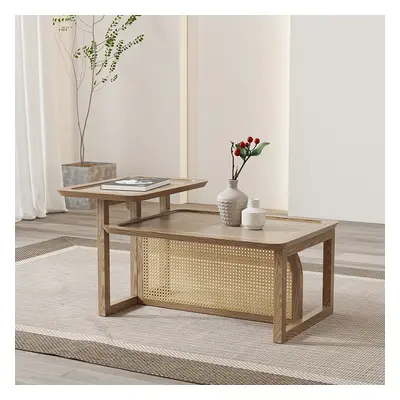 Modern 2 Piece Nesting Rattan Wood Coffee Table Set in Natural