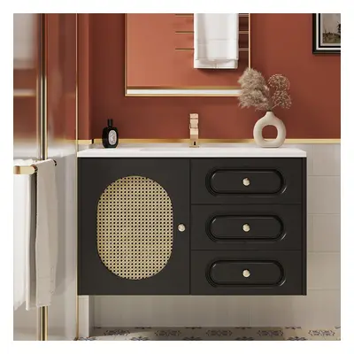 800mm Black Floating Bathroom Vanity Undermount Ceramic Sink with Rattan Door Cabinet