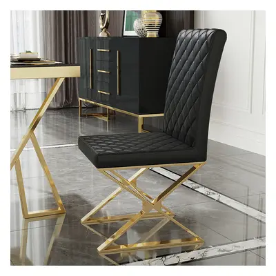 Set of 2 Modern Dining Chairs PU Leather Upholstered Black Dining Room Chair with Gold Legs