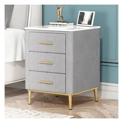 Modern Nightstand Gray Velvet Bedside Table 3 Drawers with Sintered Stone Top