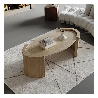 Japandi Travertine Coffee Table with Oval Beige Stone Top