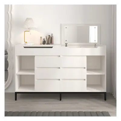 8 Drawer 1500mm Modern White Double Dresser Wide Cabinet with Flip-Top Mirror & Shelves