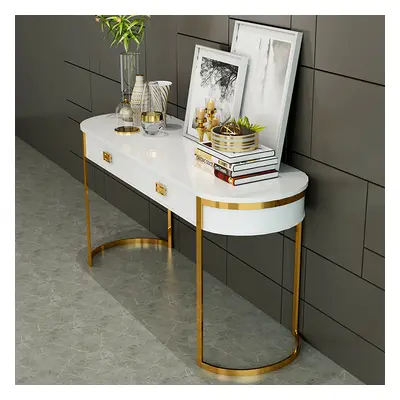 White Modern Console Table with Drawers and Double Stainless Steel Sled