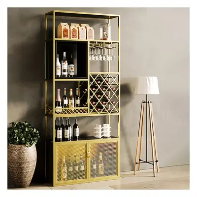 Industrial Gold 5-Tier Metal Wine Baker Rack with Glass Holder and 12 Bottles