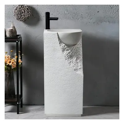 870mm Japandi Tall Stone Resin Pedestal Basin with Rounded Basin Freestanding in White