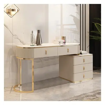 Nordic Makeup Vanity Extendable with 5-Drawer Dressing Table with Stone Top in Champagne