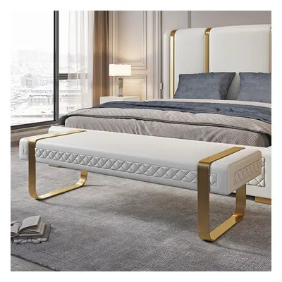 Modern White Faux Leather Upholstered Bedroom Bench with Stainless Steel Frame