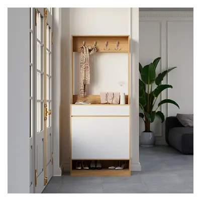 Natural & White Shoe Cabinet with 5 Shelves 2 Drawers 2 Doors Entryway Shoe Storage with Rich St