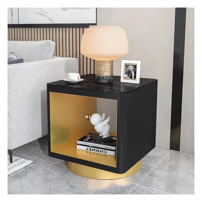 Modern Black Side Table with Storage Hollow Cube Table with Gold Metal Pedestal