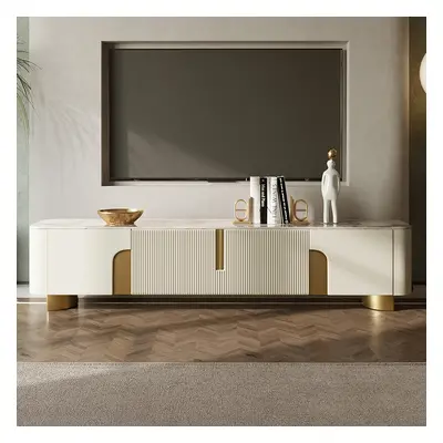 2000mm Stone Top Beige & Gold TV Stand with 4 Doors and Storage