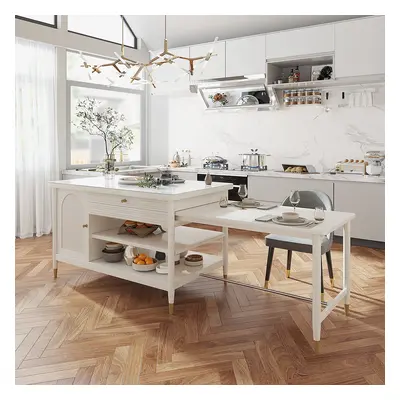 Modern 1525mm Extendable White Kitchen Island with Storage Faux Marble Kitchen Cabinet